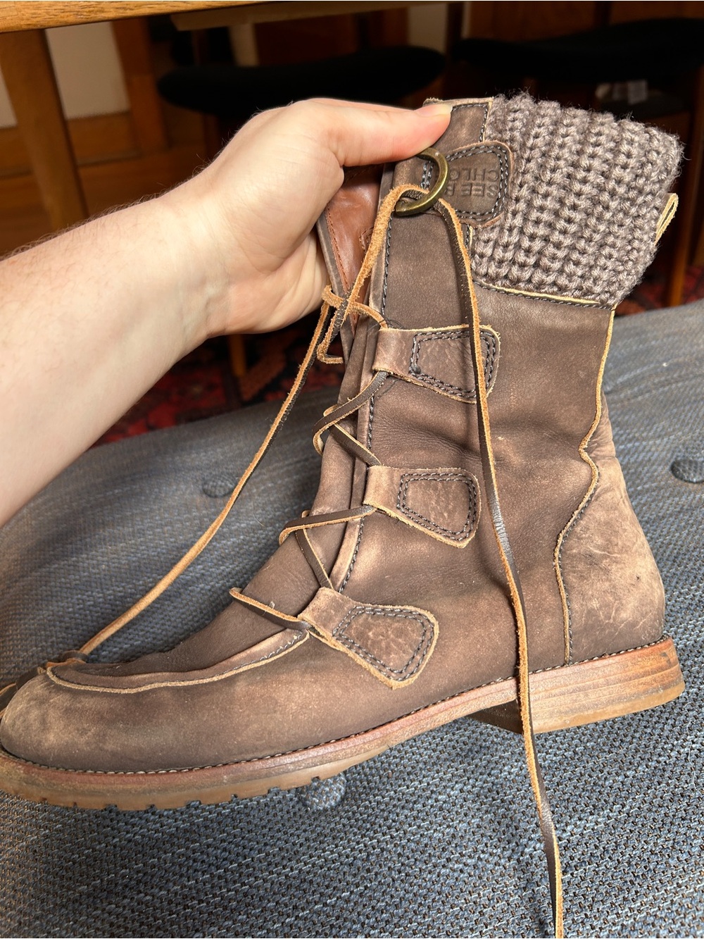 See By Chloe Brown Leather Lace-Up Knit Cuff Moccasin Boot